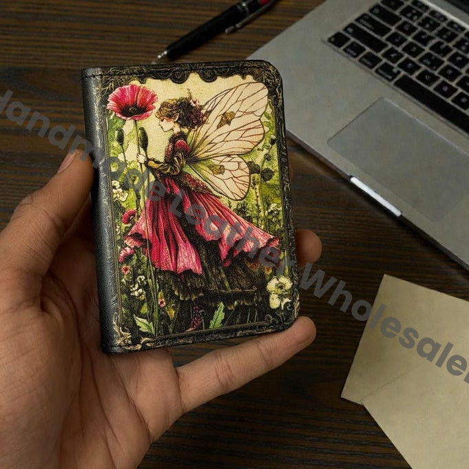 Premium Handmade Leather Wallet | 4 Card Slots | Artisan with Vintage Enchanted Fairy Illustration Witchcraft, Pagan Magic Wallet Gift