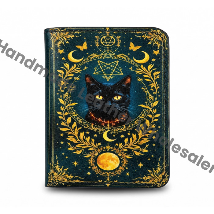 Premium Handmade Leather Wallet | 4 Card Slots | Artisan with Vintage Enchanted Gold Cat Illustration Witchcraft, Pagan Magic Wallet Gift