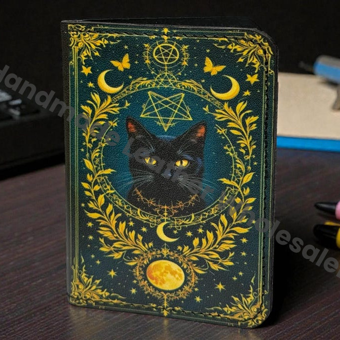 Premium Handmade Leather Wallet | 4 Card Slots | Artisan with Vintage Enchanted Gold Cat Illustration Witchcraft, Pagan Magic Wallet Gift