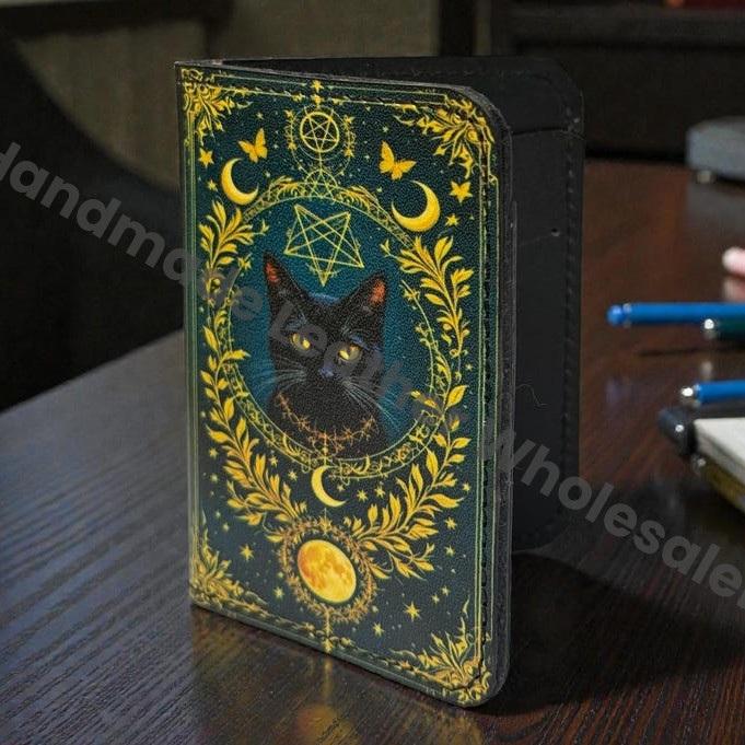 Premium Handmade Leather Wallet | 4 Card Slots | Artisan with Vintage Enchanted Gold Cat Illustration Witchcraft, Pagan Magic Wallet Gift