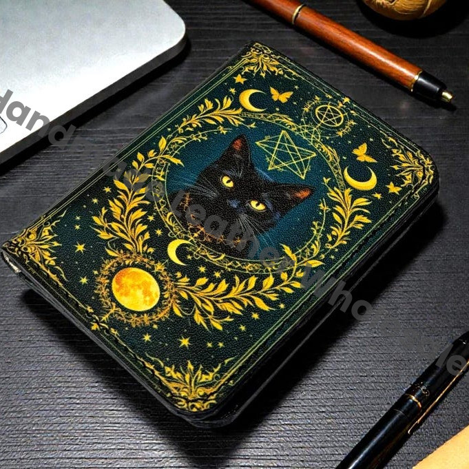 Premium Handmade Leather Wallet | 4 Card Slots | Artisan with Vintage Enchanted Gold Cat Illustration Witchcraft, Pagan Magic Wallet Gift