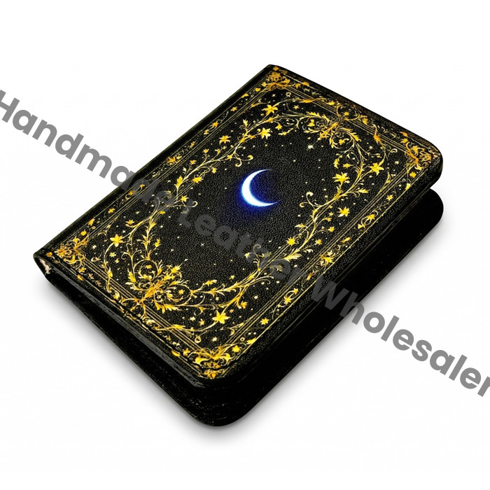 Premium Handmade Leather Wallet | 4 Card Slots | Artisan with Vintage Enchanted Gold Moon Illustration Witchcraft, Pagan Magic Wallet Gift