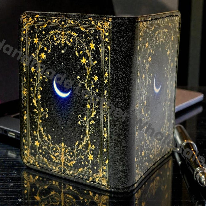 Premium Handmade Leather Wallet | 4 Card Slots | Artisan with Vintage Enchanted Gold Moon Illustration Witchcraft, Pagan Magic Wallet Gift