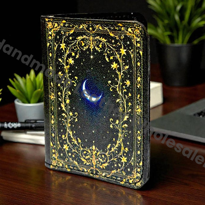 Premium Handmade Leather Wallet | 4 Card Slots | Artisan with Vintage Enchanted Gold Moon Illustration Witchcraft, Pagan Magic Wallet Gift