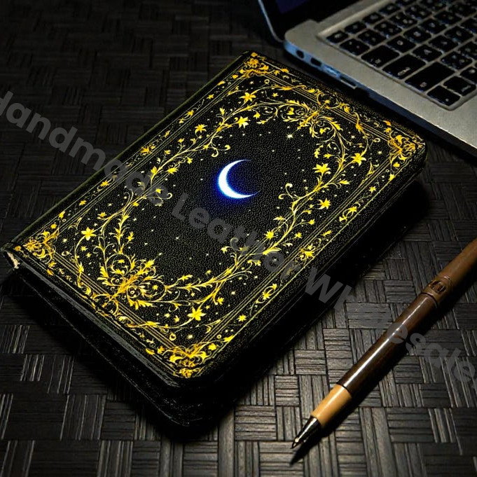 Premium Handmade Leather Wallet | 4 Card Slots | Artisan with Vintage Enchanted Gold Moon Illustration Witchcraft, Pagan Magic Wallet Gift