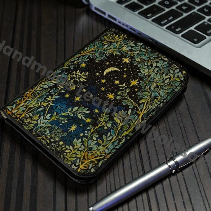 Premium Handmade Leather Wallet | 4 Card Slots | Artisan with Vintage Enchanted Moon Tree Illustration Witchcraft, Pagan Magic Wallet Gift