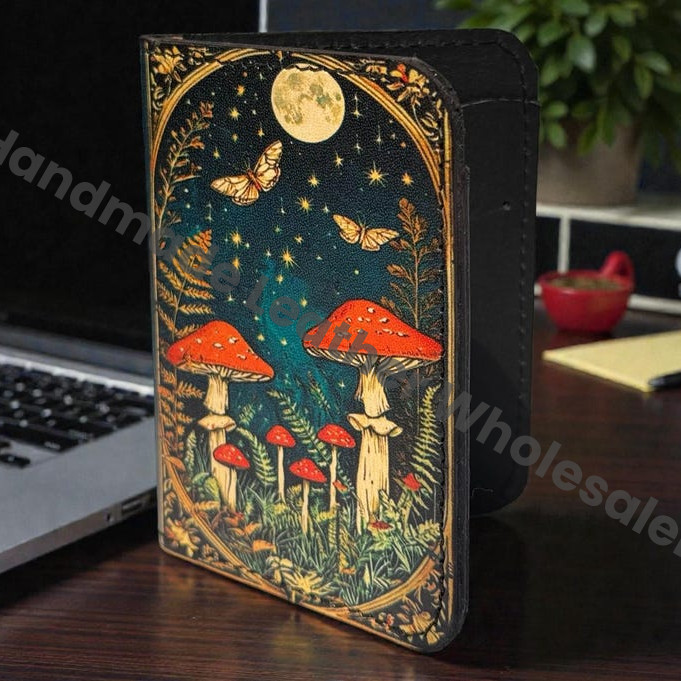 Premium Handmade Leather Wallet | 4 Card Slots | Artisan with Vintage Enchanted Mushroom Illustration Witchcraft, Pagan Magic Wallet Gift