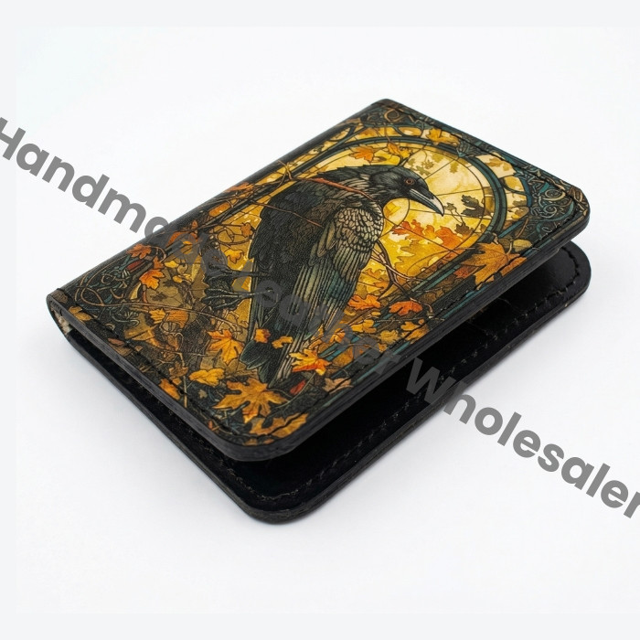 Premium Handmade Leather Wallet | 4 Card Slots | Artisan with Vintage Enchanted Raven Illustration Witchcraft, Pagan Magic Wallet Gift