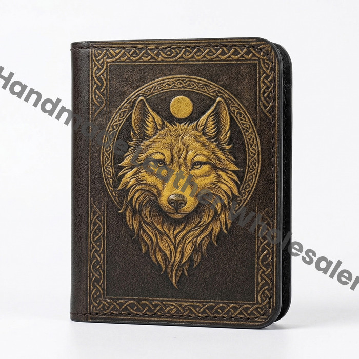 Premium Handmade Leather Wallet | 4 Card Slots | Artisan with Vintage Enchanted Wolf Illustration Witchcraft, Pagan Magic Wallet Gift