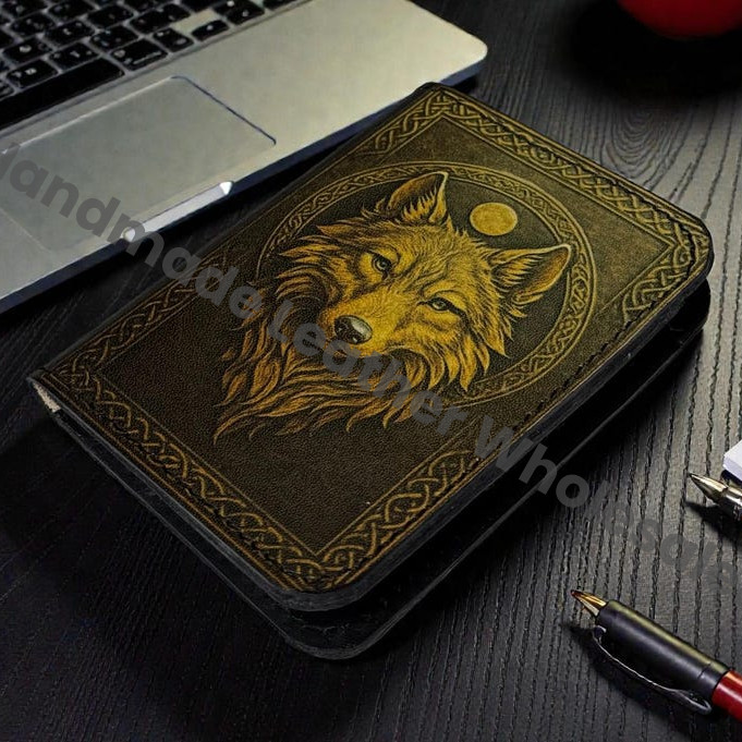 Premium Handmade Leather Wallet | 4 Card Slots | Artisan with Vintage Enchanted Wolf Illustration Witchcraft, Pagan Magic Wallet Gift