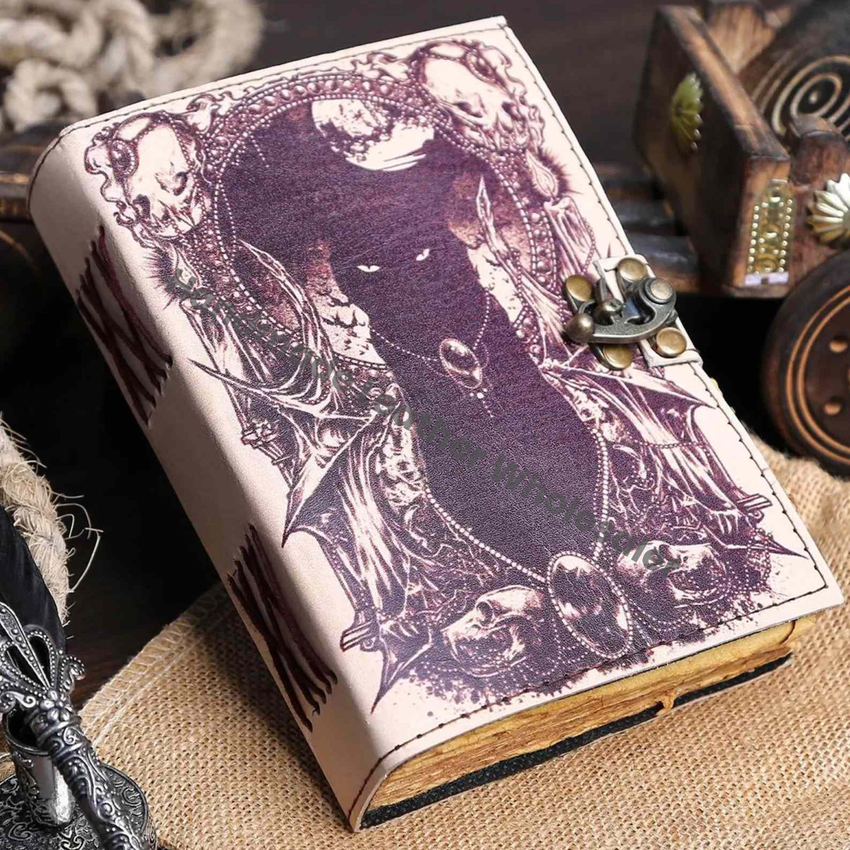 Printed Leather Cat Journal, Antique Deckle Edge Paper Sketchbook