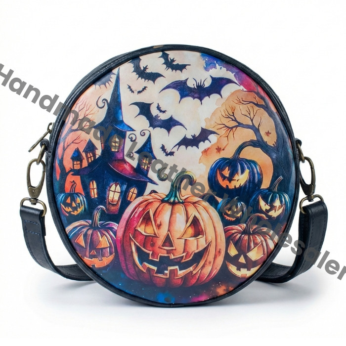 Pumpkin Halloween Round Bags, halloween, pumpkin, Witchy Bag, Gothic Crossbody, leather spooky purse, Wiccan Gothic goth bag Halloween gift