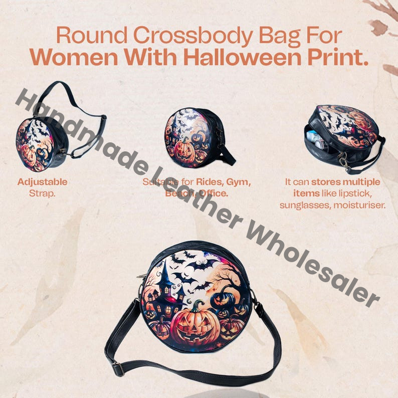 Pumpkin Halloween Round Bags, halloween, pumpkin, Witchy Bag, Gothic Crossbody, leather spooky purse, Wiccan Gothic goth bag Halloween gift