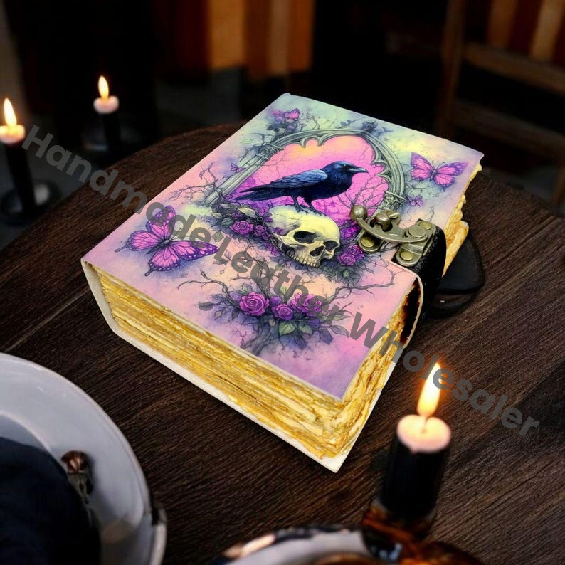 Raven Gothic Leather Grimoire Journal: Vintage Spell Book of Shadows Leather Bound Journal - Leather Sketchbook-Drawing Journal