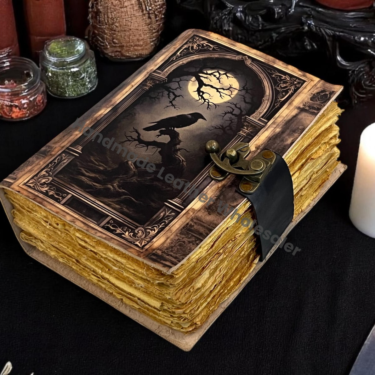 Raven Grimoire Leather Journal – Witchcraft Book of Shadows with Lock | 200 & 400 Page Deckle Paper Gothic Wiccan Spellbook Halloween gifts)