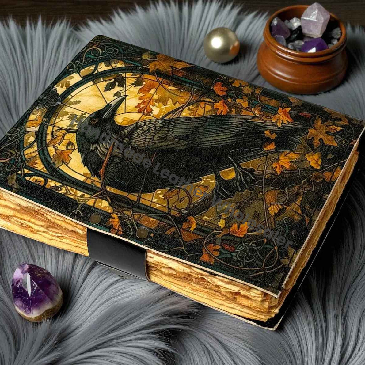 Raven Grimoire Leather Journal – Witchcraft Book of Shadows with Lock | Deckle Paper Gothic Wiccan Spell book