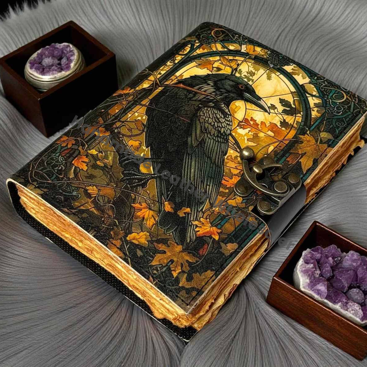 Raven Grimoire Leather Journal – Witchcraft Book of Shadows with Lock | Deckle Paper Gothic Wiccan Spell book