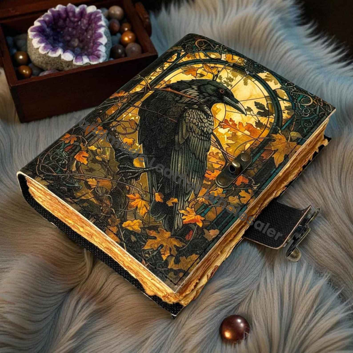 Raven Grimoire Leather Journal – Witchcraft Book of Shadows with Lock | Deckle Paper Gothic Wiccan Spell book