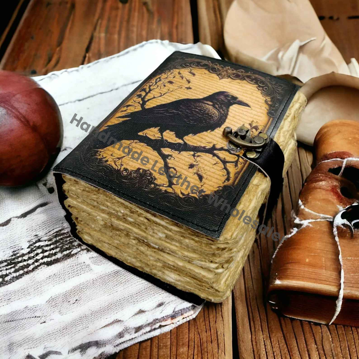 Raven Grimoire: Vintage Leather Journal, Blank Spell Book of Shadows -Leather Sketchbook-Drawing Journal Thick Notebook