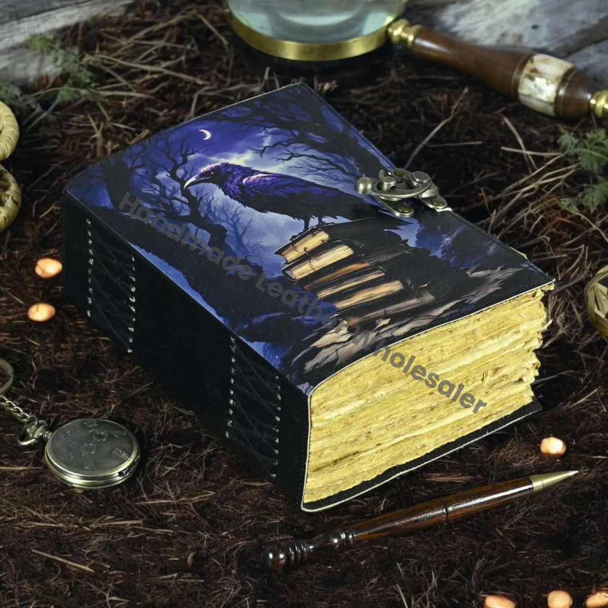 Raven Leather Grimoire Journal: Witchcraft Book of Shadows with Lock