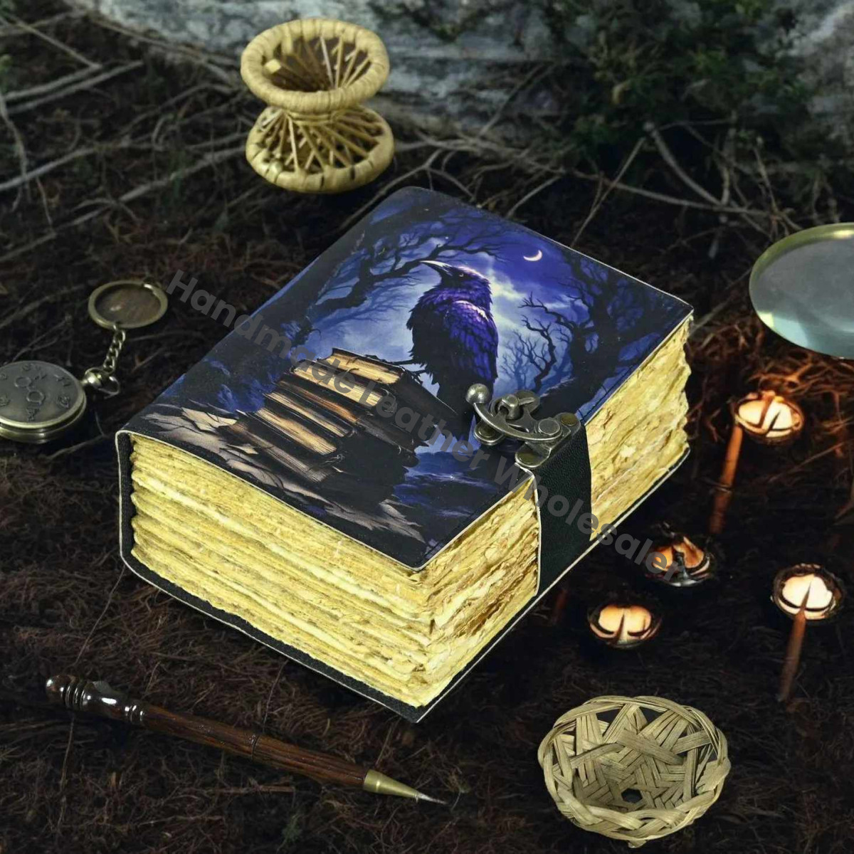Raven Leather Grimoire Journal: Witchcraft Book of Shadows with Lock