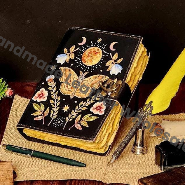 Refillable Leather Journal Luna Moth Print with Vintage Lock, Handmade Cotton Paper Book of Shadows, Witchcraft Wiccan Pagan Gift