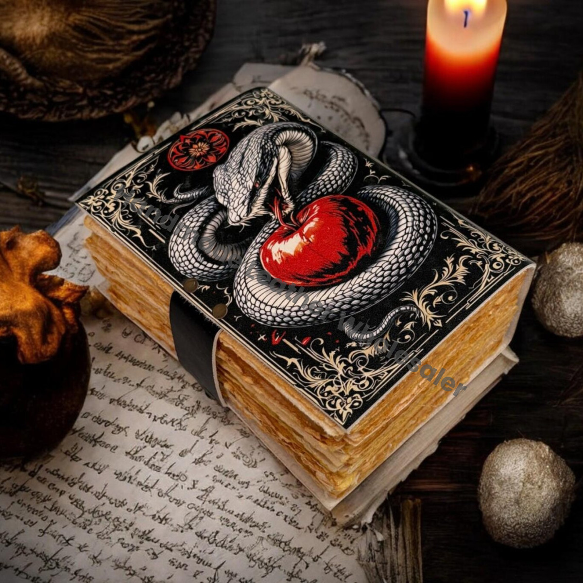 Serpentine Apple Leather Grimoire Book of Shadows with Lock, Witchcraft Journal Spell Book, Wiccan Notebook