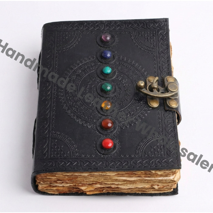 Seven Chakra Stone Black Embossed Leather Journal, Handmade Book of Shadows