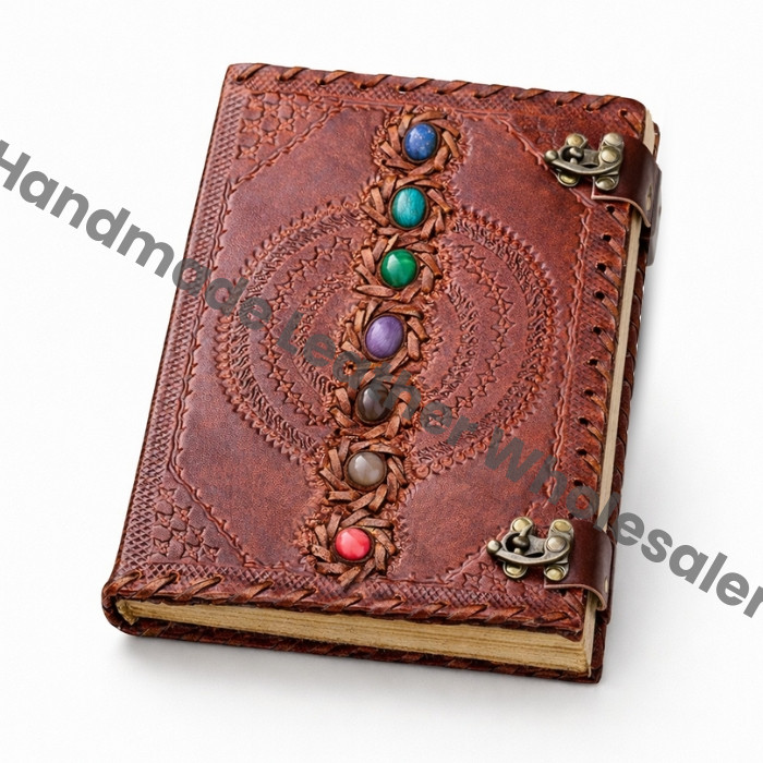 Seven Chakra Stone Embossed Leather Journal, Handmade Book of Shadows