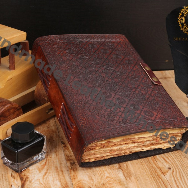 Seven Chakra Stone Embossed Leather Journal, Handmade Book of Shadows