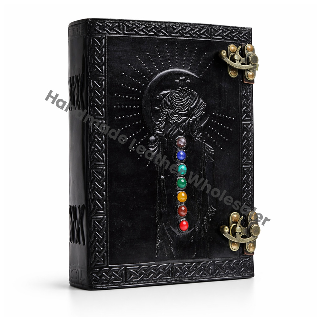 SH SHIFAA HANDICRAFT Leather Journal Book Seven Medieval Stone Embossed Handmade Book Of Shadows Notebook Office Diary College Book Poetry Book Sketch Book Deckle Paper