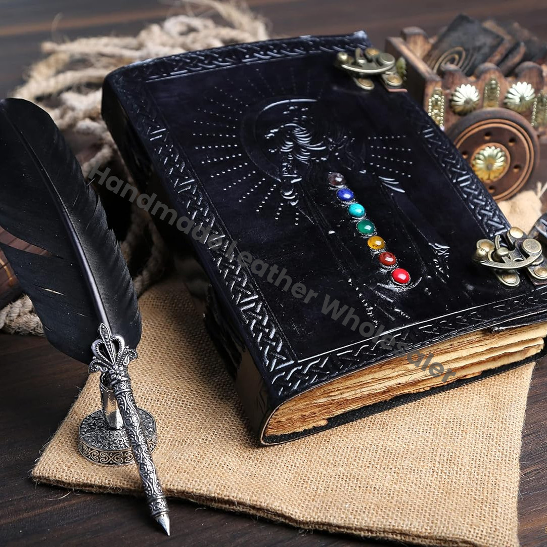SH SHIFAA HANDICRAFT Leather Journal Book Seven Medieval Stone Embossed Handmade Book Of Shadows Notebook Office Diary College Book Poetry Book Sketch Book Deckle Paper