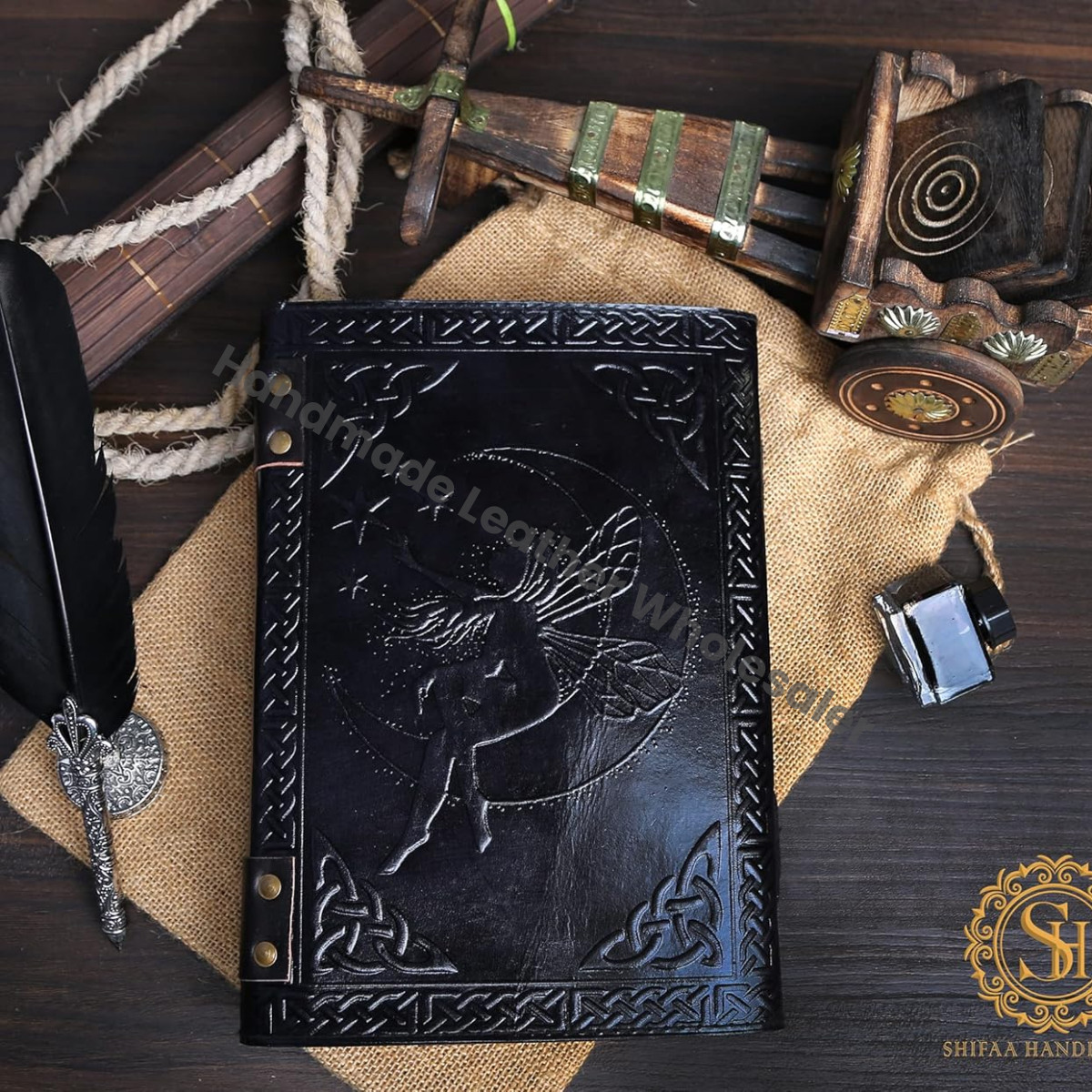 SH SHIFAA HANDICRAFT Leather Journal Book Seven Medieval Stone Embossed Handmade Book Of Shadows Notebook Office Diary College Book Poetry Book Sketch Book Deckle Paper