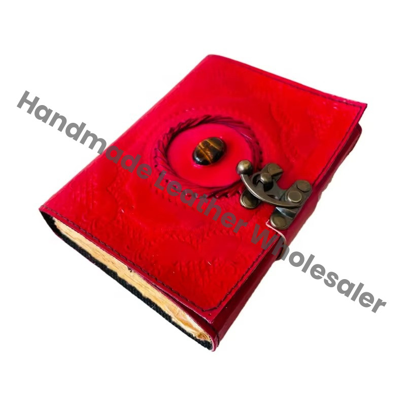 Handmade Red Embossed Stone Leather Hardcover Journal Travel Diary Planner Custom Logo Recyclable