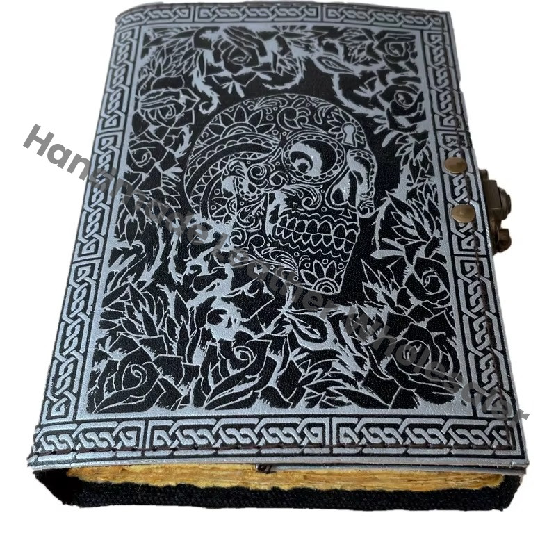 Skull Embossed Leather Journal Lock Face Black Guest Book Thermal Binding Handmade Paper Gift Him Personal Organizer Sketchbook