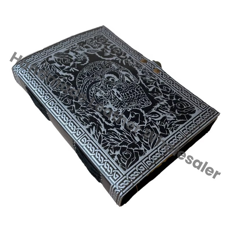Skull Embossed Leather Journal Lock Face Black Guest Book Thermal Binding Handmade Paper Gift Him Personal Organizer Sketchbook