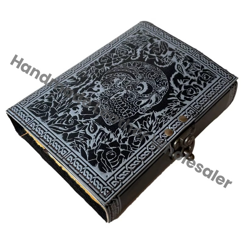Skull Embossed Leather Journal Lock Face Black Guest Book Thermal Binding Handmade Paper Gift Him Personal Organizer Sketchbook