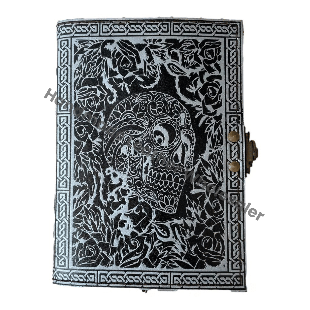 Skull Embossed Leather Journal Lock Face Black Guest Book Thermal Binding Handmade Paper Gift Him Personal Organizer Sketchbook