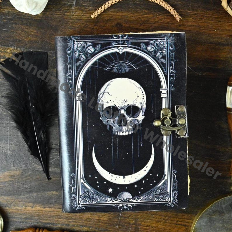 Skull Grimoire Leather Journal Witchcraft Book of Shadows | Celestial Wiccan Spellbook, Gothic Pagan Witchy Gift Diary