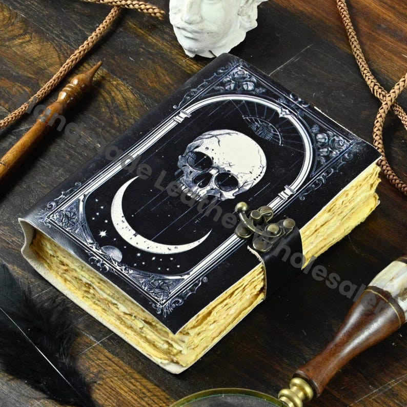 Skull Grimoire Leather Journal Witchcraft Book of Shadows | Celestial Wiccan Spellbook, Gothic Pagan Witchy Gift Diary