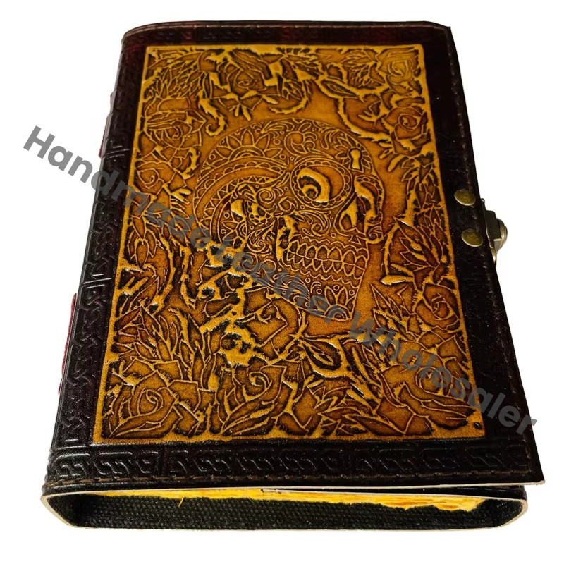 Skull Notebook Recycled Genuine Day of Dead Leather Spiral Binding Journals Vintage Decor Yellow Brown Deckle Pages Gift Planner