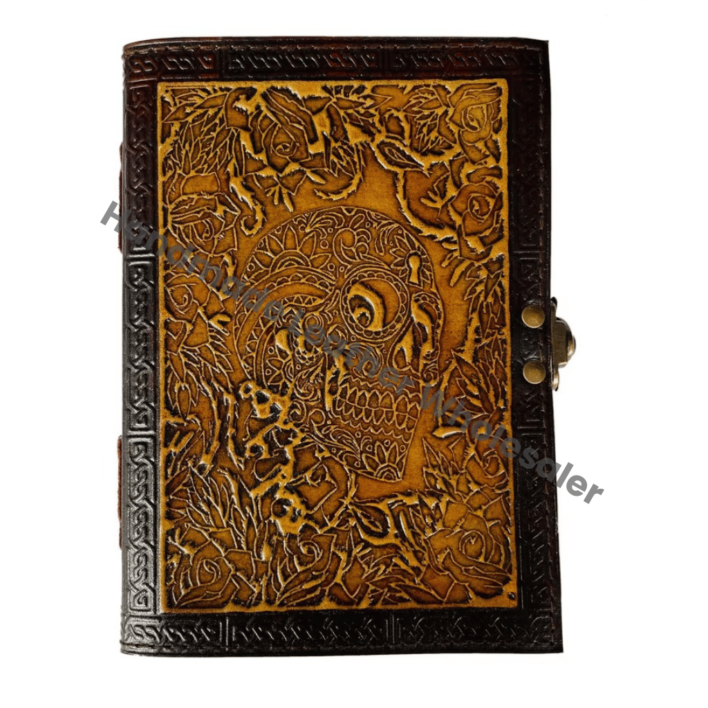 Skull Notebook Recycled Genuine Day of Dead Leather Spiral Binding Journals Vintage Decor Yellow Brown Deckle Pages Gift Planner