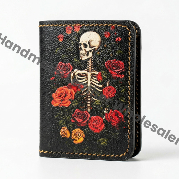 Skull & Rose Leather Bifold Wallet, Personalized Card Holder