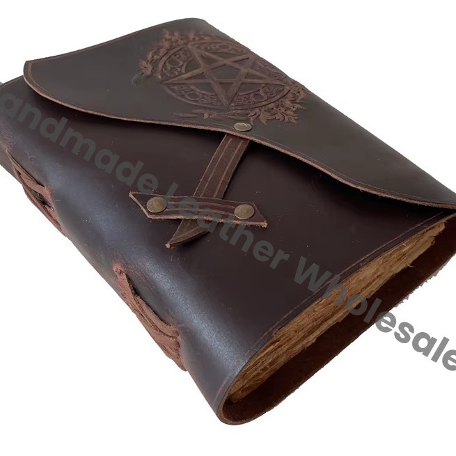 Soft Pentagram Embossed Brown Leather Address Book Bound Wrap Silver Pentacle Antique Handmade Eco-friendly Paper Gift