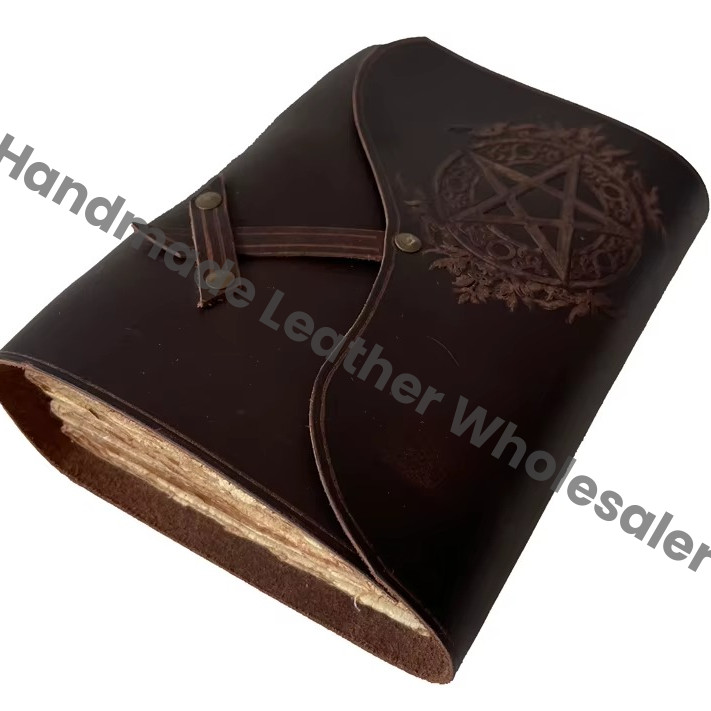 Soft Pentagram Embossed Brown Leather Address Book Bound Wrap Silver Pentacle Antique Handmade Eco-friendly Paper Gift