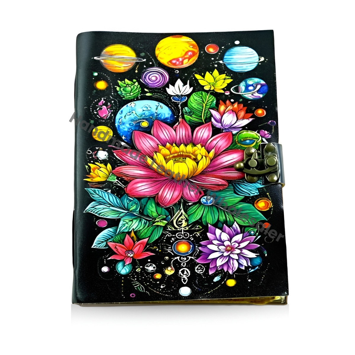 Solar System Leather Journal: Lotus & Celestial Grimoire with Clasp