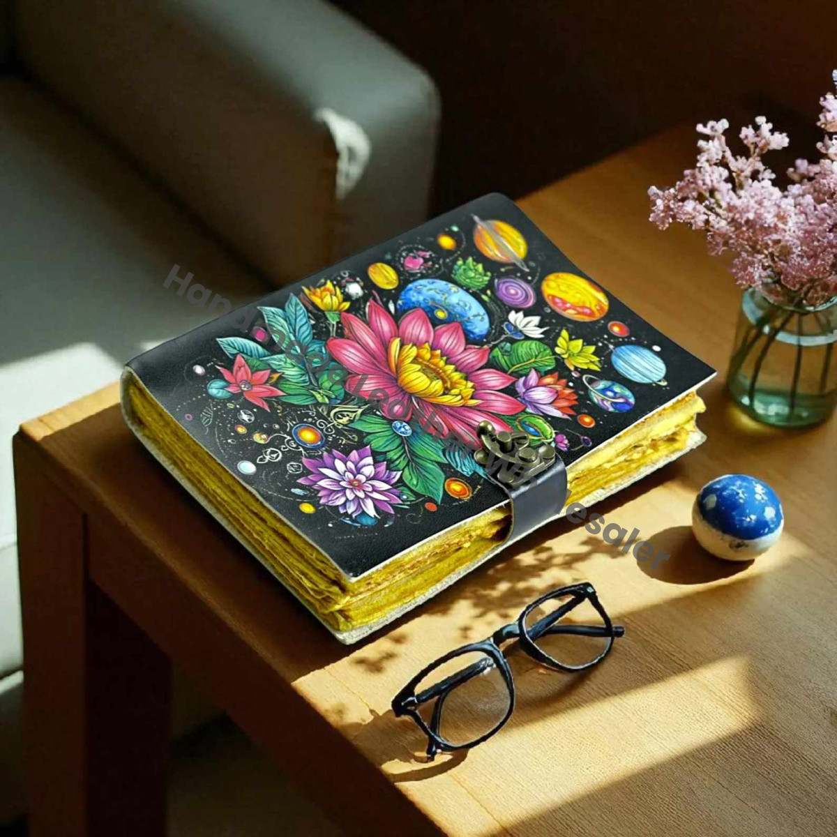 Solar System Leather Journal: Lotus & Celestial Grimoire with Clasp