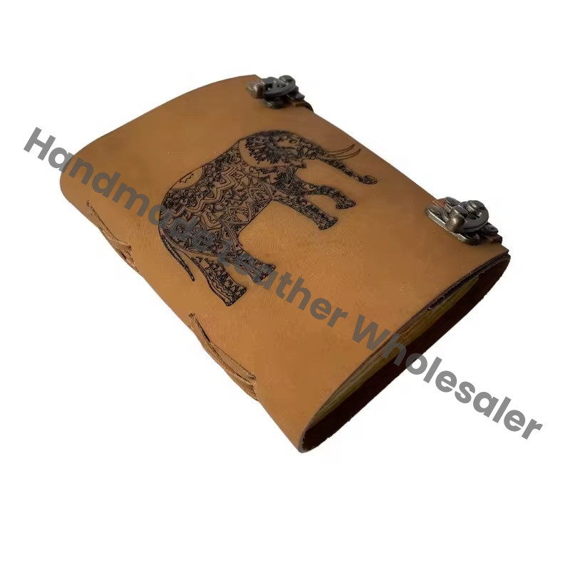 Spell Blank Book Shadows Journal Lock Clasp Elephant Figure Laser Cut Vintage Handmade Leather Saddle Stitching Diary Prayer