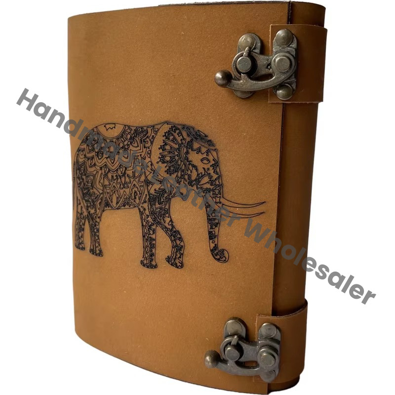 Spell Blank Book Shadows Journal Lock Clasp Elephant Figure Laser Cut Vintage Handmade Leather Saddle Stitching Diary Prayer