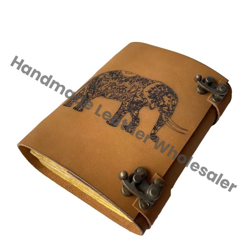 Spell Blank Book Shadows Journal Lock Clasp Elephant Figure Laser Cut Vintage Handmade Leather Saddle Stitching Diary Prayer